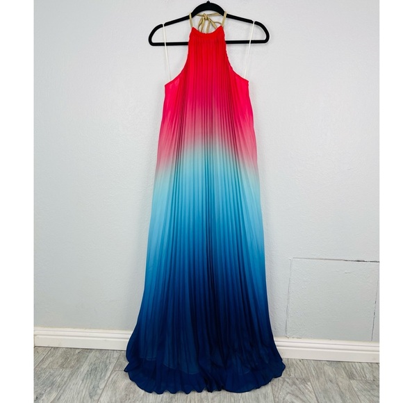 L’Atiste Halter Top Fulled Pleated Ombré Blue Pink Dress - Picture 2 of 5